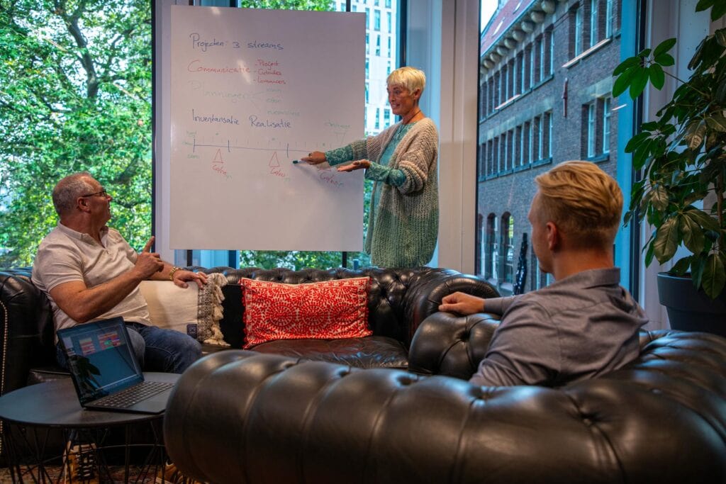 Collega's in een comfortabele omgeving aan het overleggen met een whiteboard in het kantoor