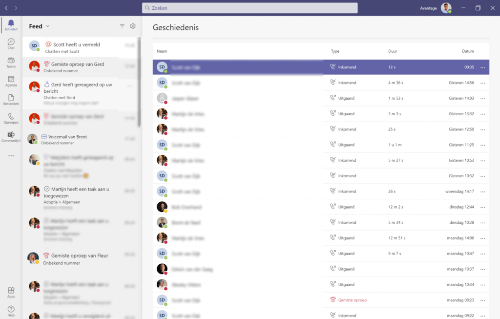 microsoft teams oproepen geschiedenis