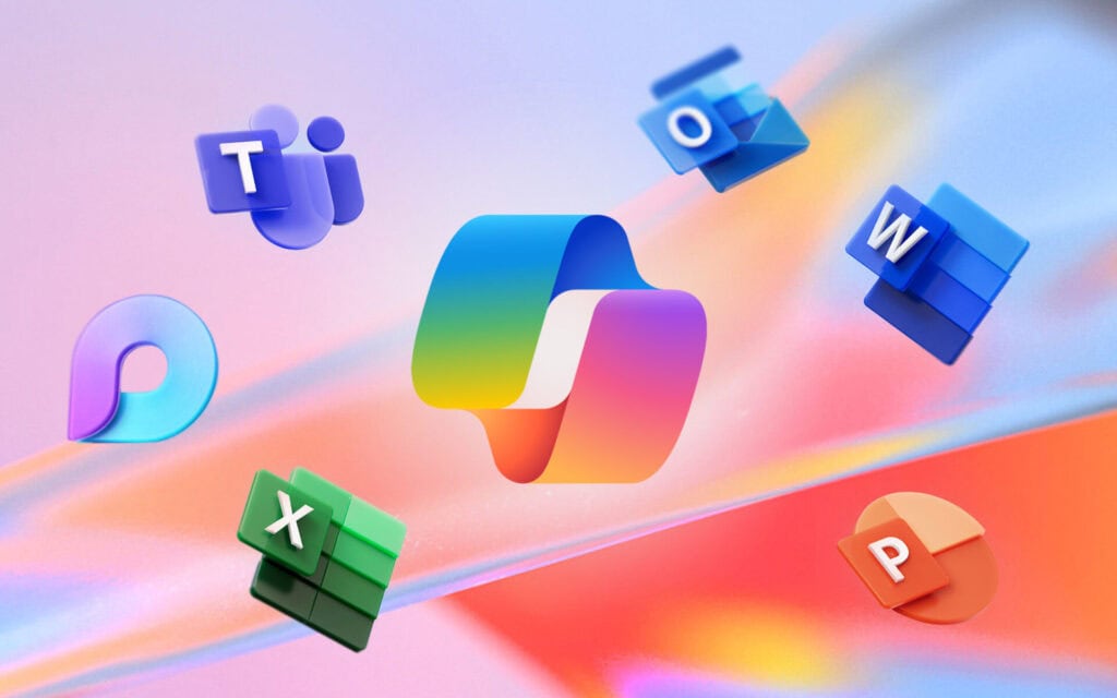 Een kleurrijke afbeelding van de microsoft logo's van Teams, Loops, Excelm Powerpoint, Word, Outlook en in het midden Copilot.