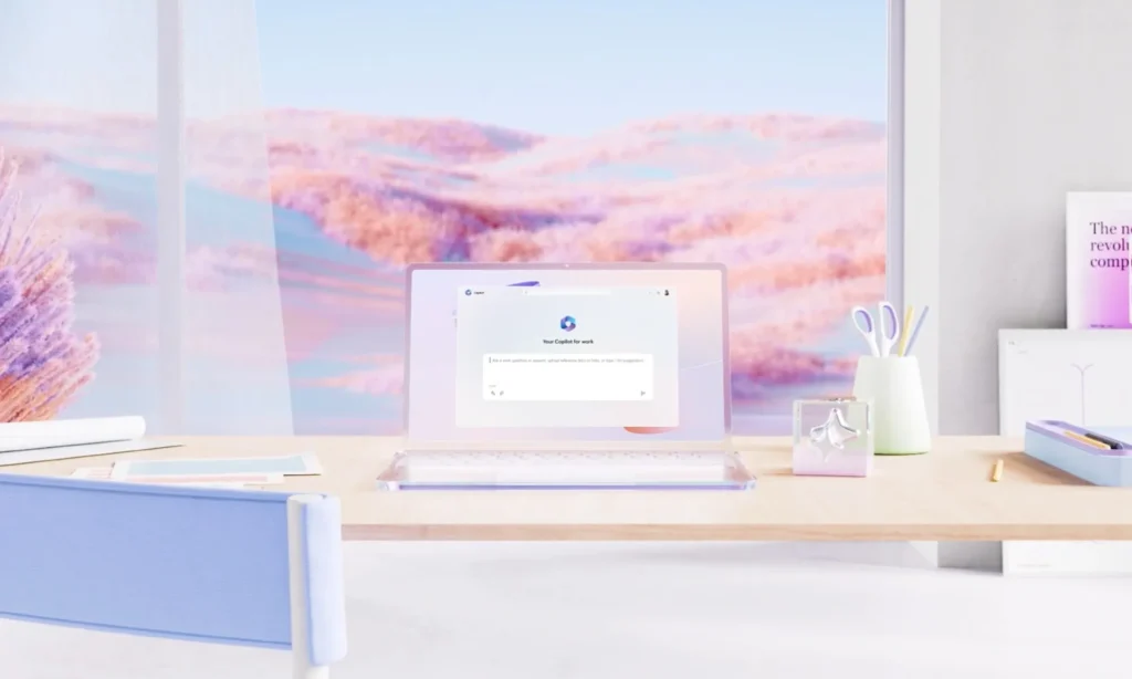Een pastel gekleurde foto van een laptop op tafel met microsoft copilot open.