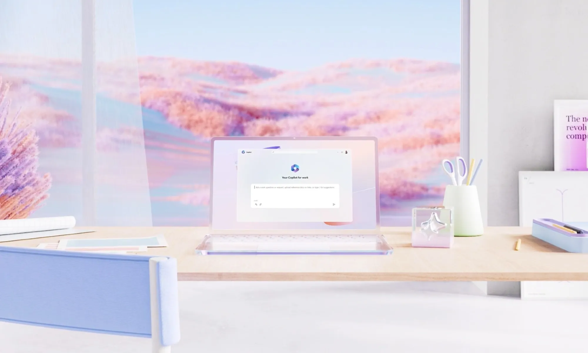 Een pastel gekleurde foto van een laptop op tafel met microsoft copilot open.