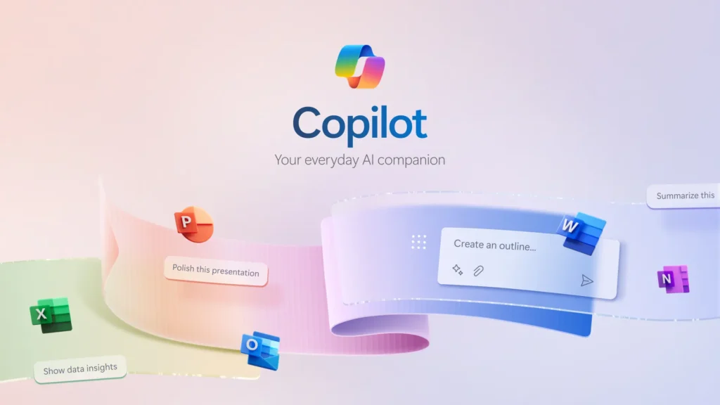 Foto can Copilot met de tekst Your everyday AI companion met daaronder verschillende microsoft applicaties.