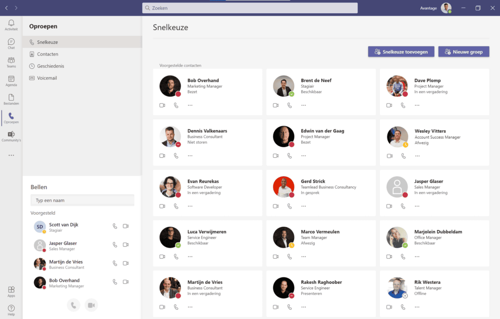 microsoft team snelkeuze oproepen