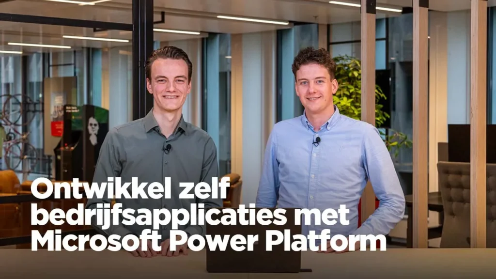 foto van 2 collega's op kantoor met de tekst ontwikkel zelf bedrijfsapplicaties met microsoft power platform