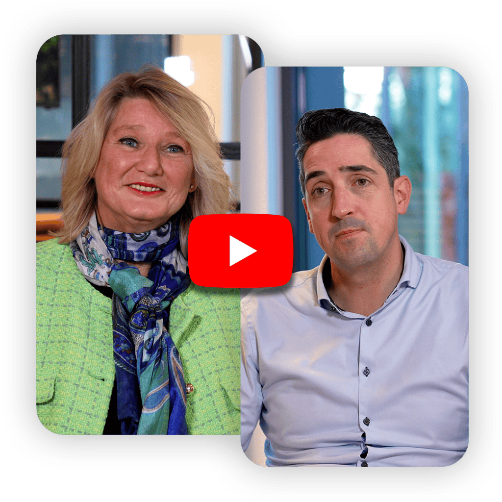 twee vlakken met man en vrouw met transparante achtergrond. In het midden het youtube logo